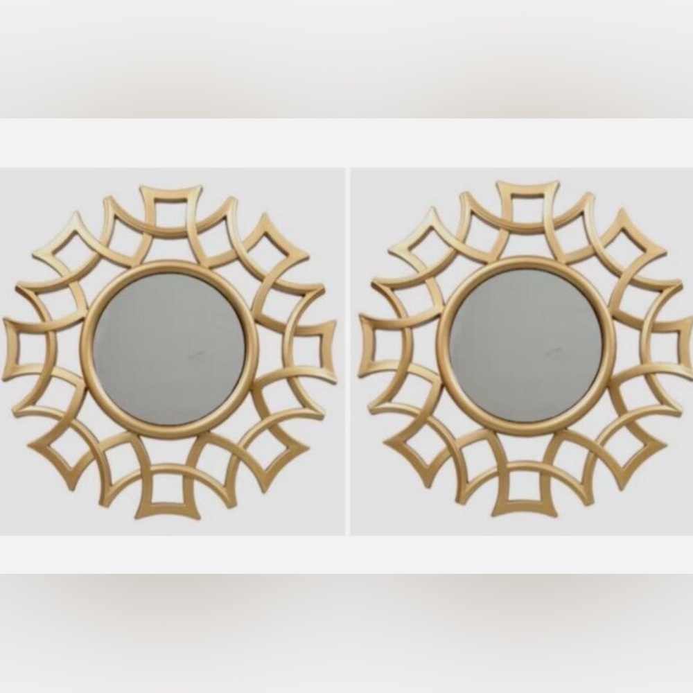 Two (2) Gold Starburst Sunburst Glass Accent Mirrors 10" x 10" NEW!
